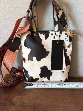 NWT! Cowhide Print Mini Tote with Removable Patterned Strap - Black & White